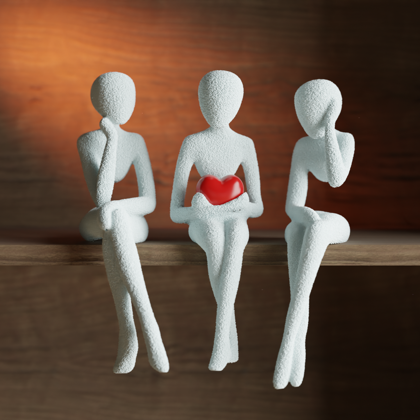 NObody Shelf Sitter Trio — set of three matte 3D printed minimalist sitting figures, 19cm, plant-based PLA