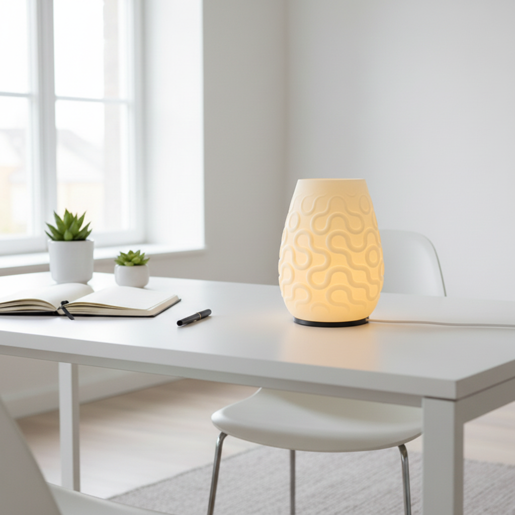 Seamless 3D printed LED table lamp with smooth flowing design in Jade White, lit on a white table