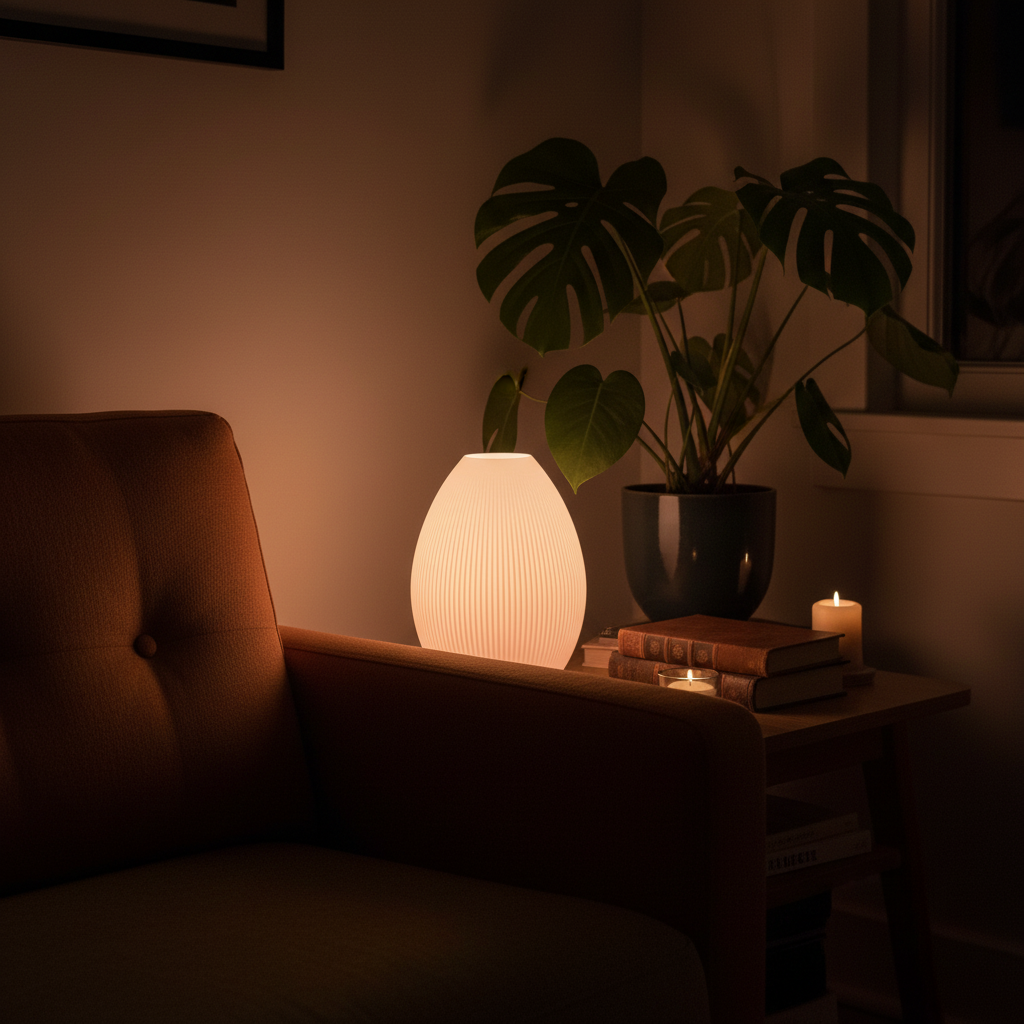 Flame sculptural table lamp casting warm glow in a cosy evening living room — UK made 3D printed lighting