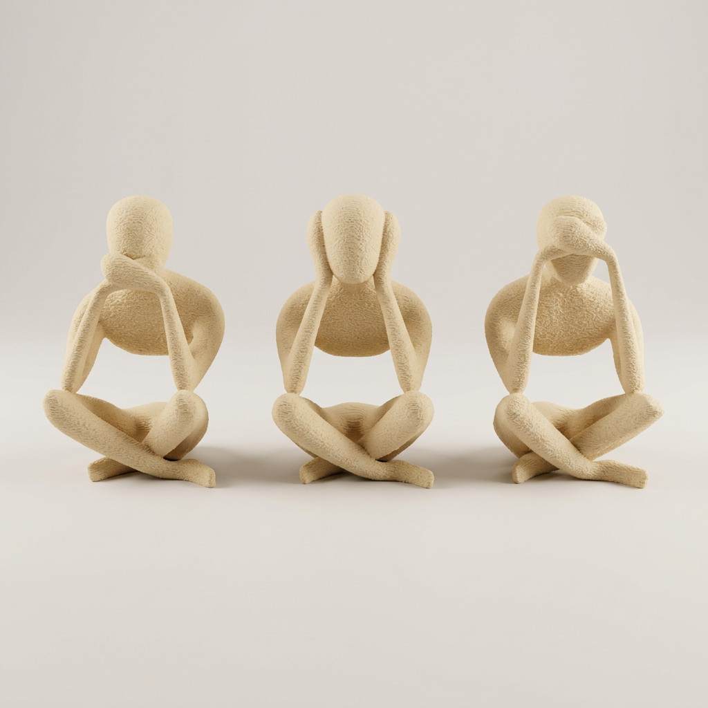Three textured seated No Evil sculptures in a pale cream colour on a neutral studio background.