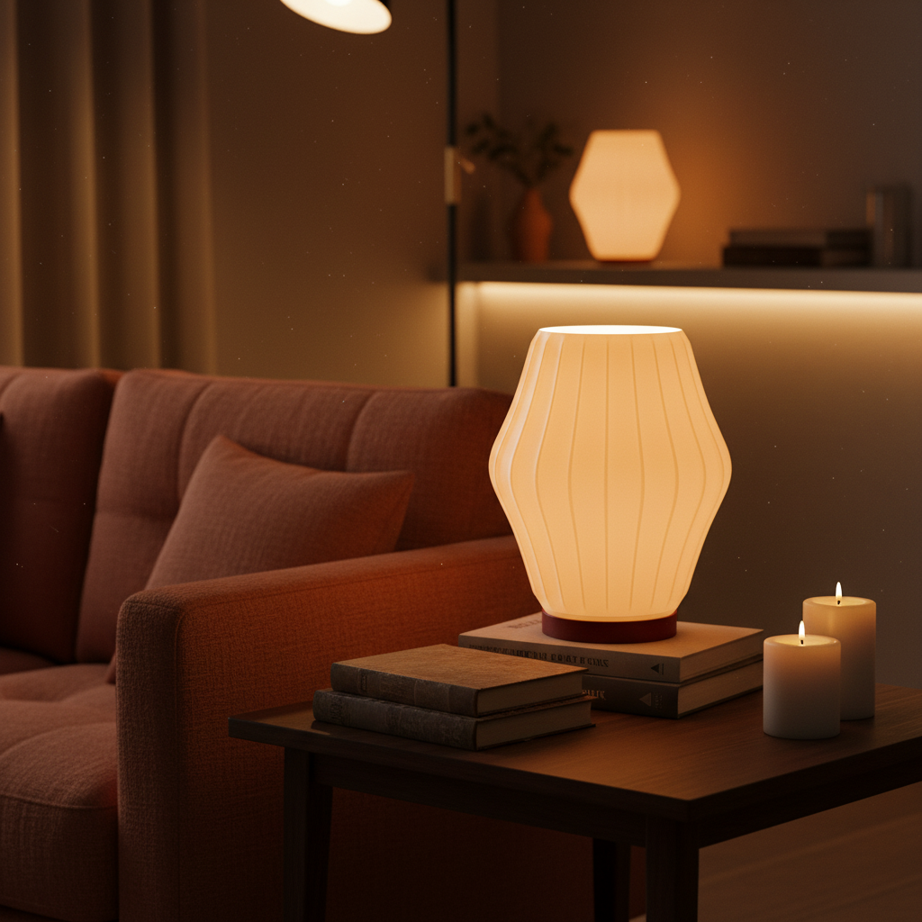 Akari sculptural table lamp casting warm glow in a cosy evening living room — UK made 3D printed lighting