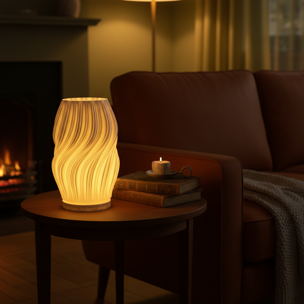 Silk sculptural table lamp casting warm glow in a cosy evening living room — UK made 3D printed lighting