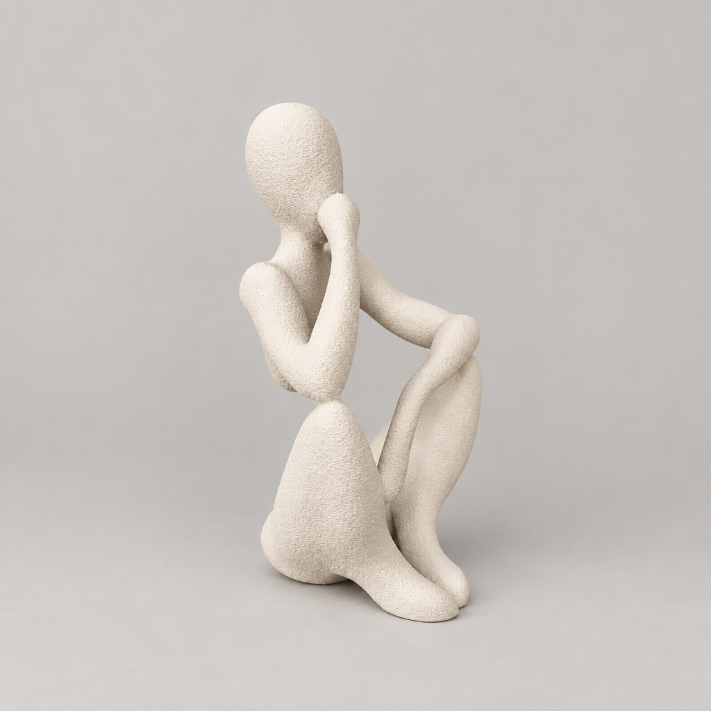 The Thinker abstract sculpture in Matte Bone White on a warm neutral studio background, three-quarter view