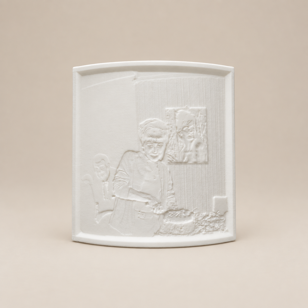 Unlit curved white lithophane panel showing the raised portrait image and its freestanding shape