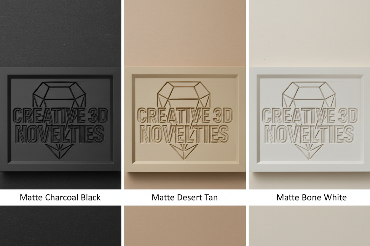 Zoan Flat Lamp base colour options — Matte Charcoal, Matte Desert Tan, and Matte Bone White