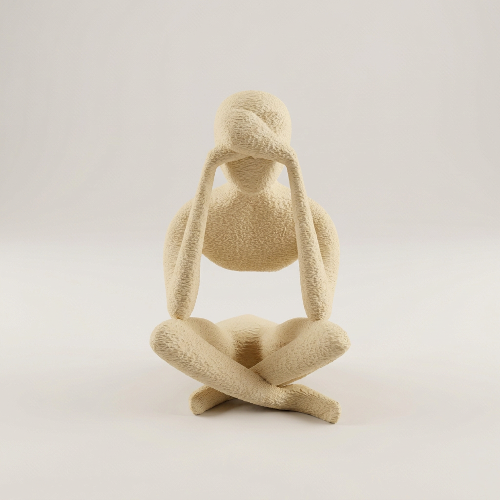 Textured seated see no evil sculpture with hands covering its eyes.