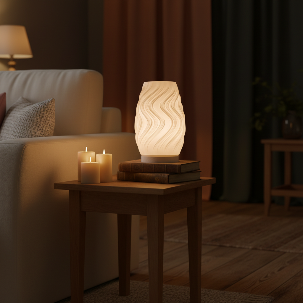 Soren sculptural table lamp casting warm glow in a cosy evening living room — UK made 3D printed lighting