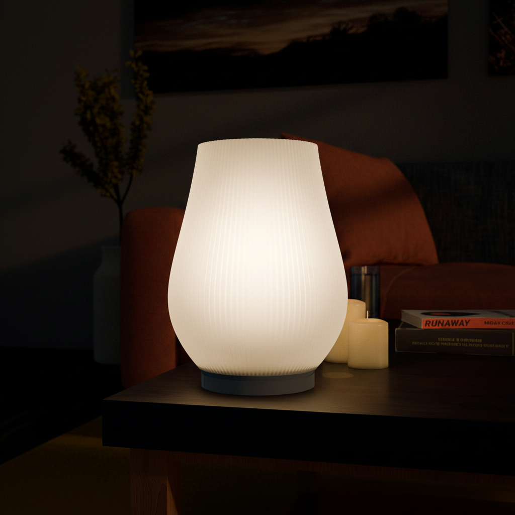 Stria sculptural table lamp casting warm glow in a cosy evening living room — UK made 3D printed lighting