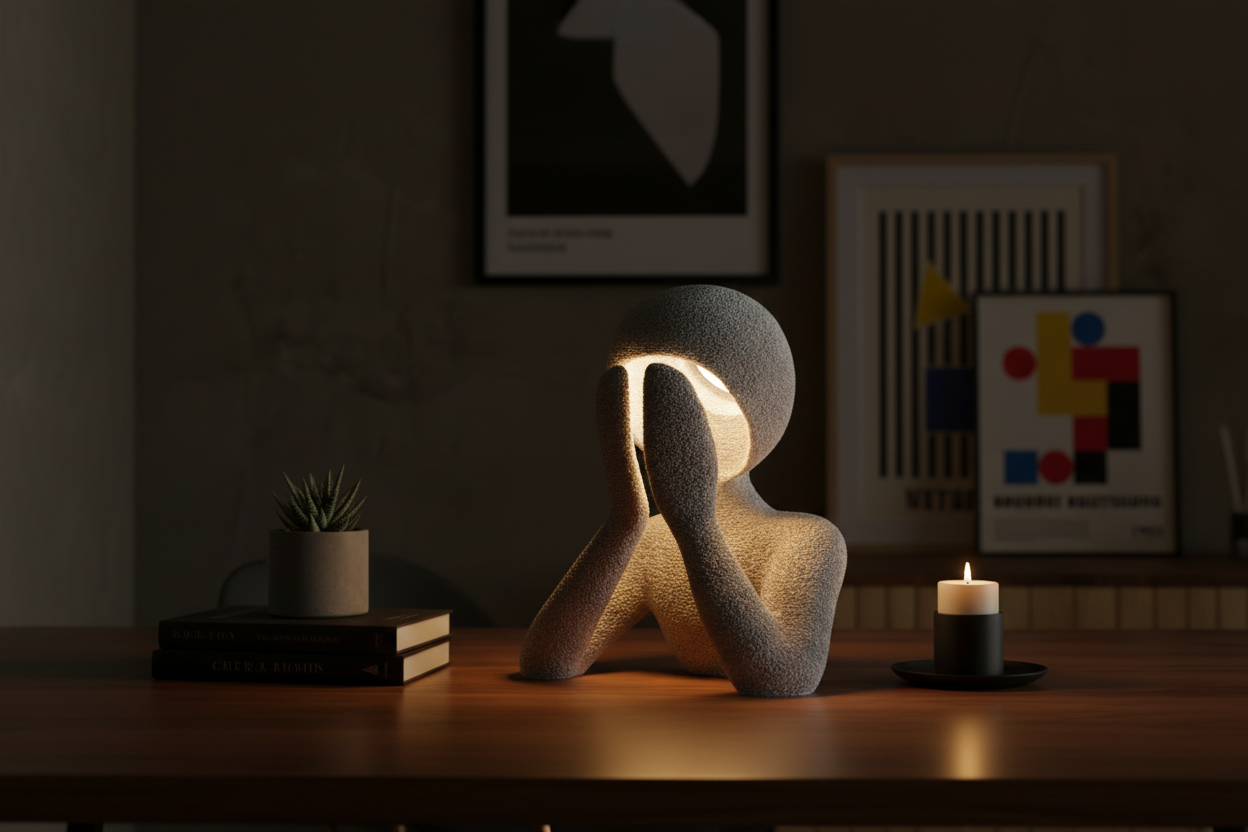 NObody Sculptural LED Table Lamp glowing warmly on a dark wood desk
