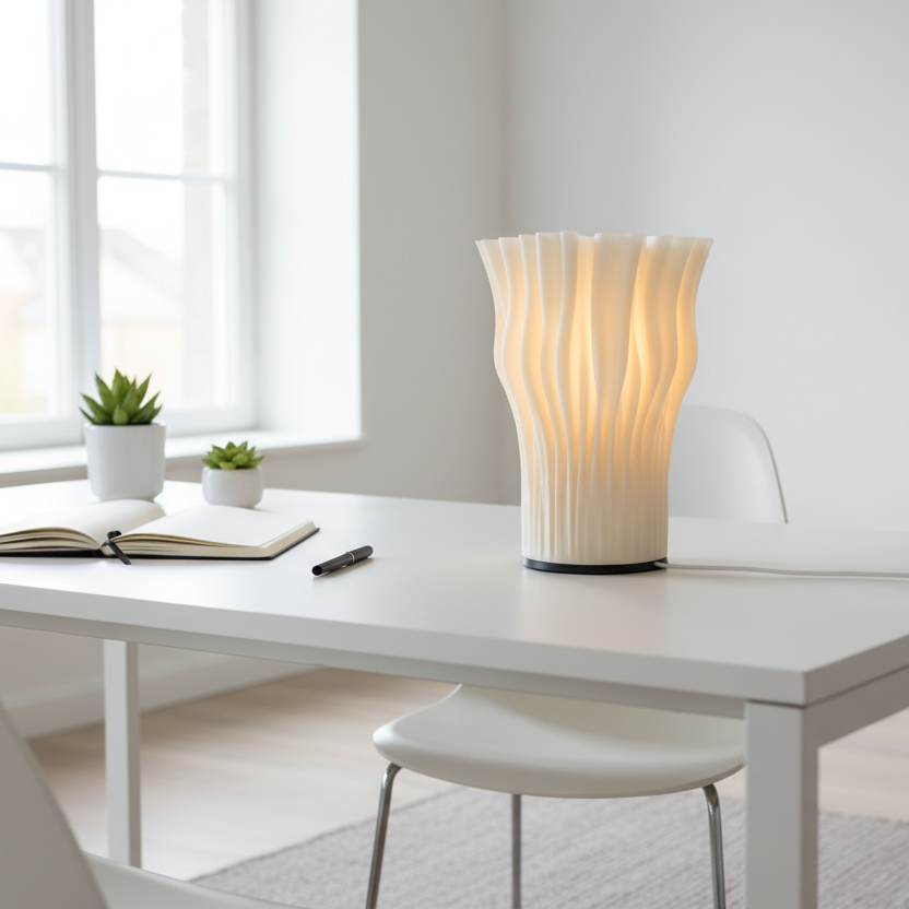 Zoan 3D printed LED table lamp with coral-inspired design in Jade White, on a clean minimal white desk in a modern home office