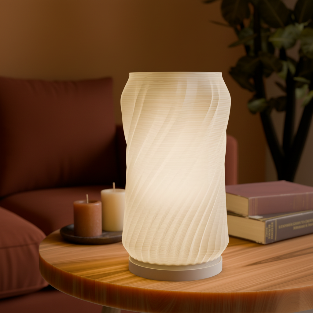 Minimalist Spiral sculptural table lamp casting warm glow in a cosy evening living room — UK made 3D printed lighting