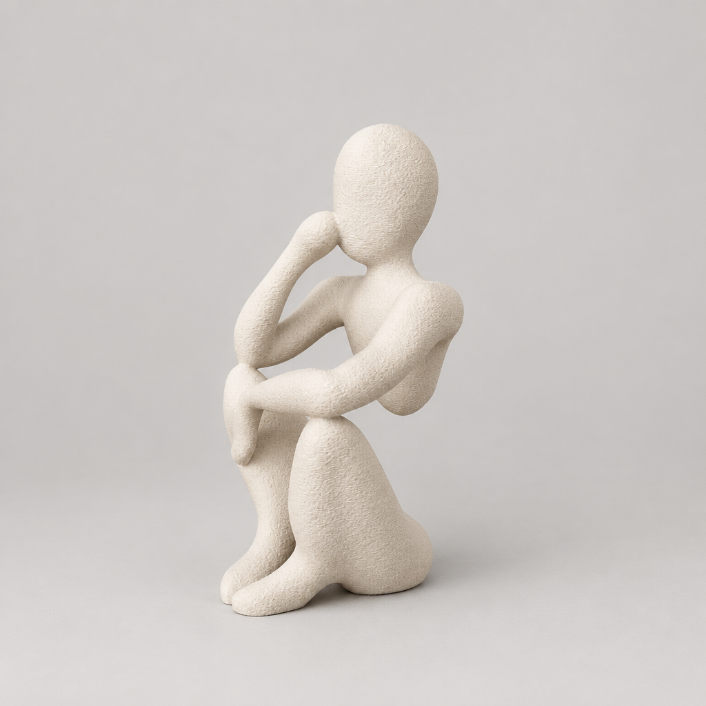 The Thinker abstract sculpture in Matte Bone White on a warm neutral studio background, opposite three-quarter view