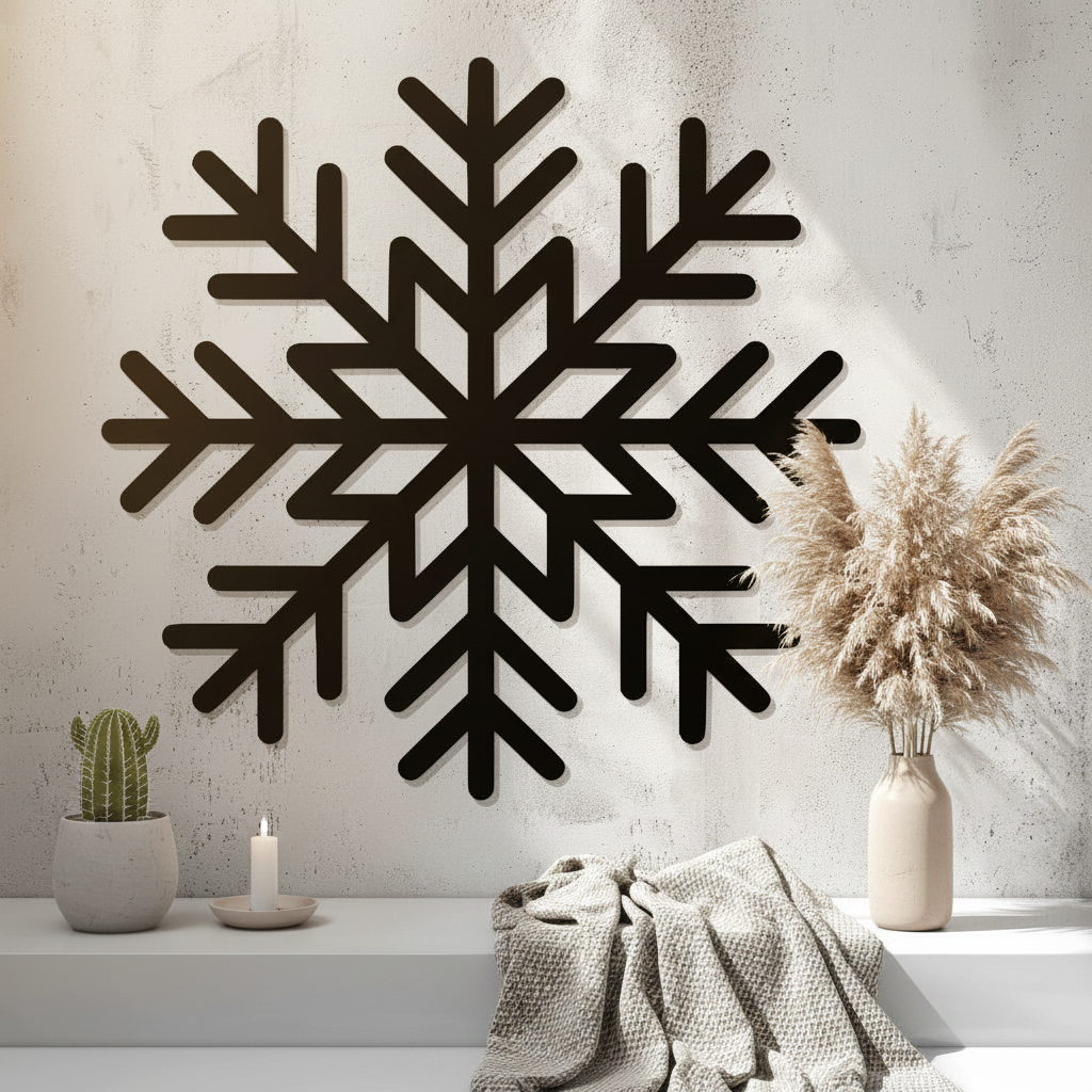 Snowflake Wall Art in black mounted in a cosy Scandinavian winter living room with pampas grass and candle — Creative3DNovelties