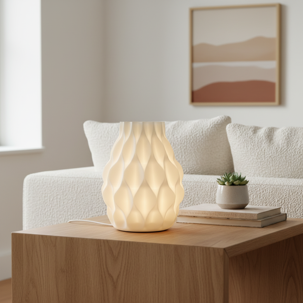 Blob Mushroom LED lamp in Jade White glowing on a desk in a bright workspace