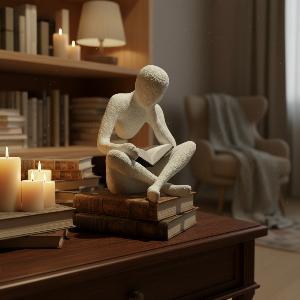NObody Shelf Sitter Trio sculptures on a Scandinavian shelf with books and dried botanicals — NObody Collection