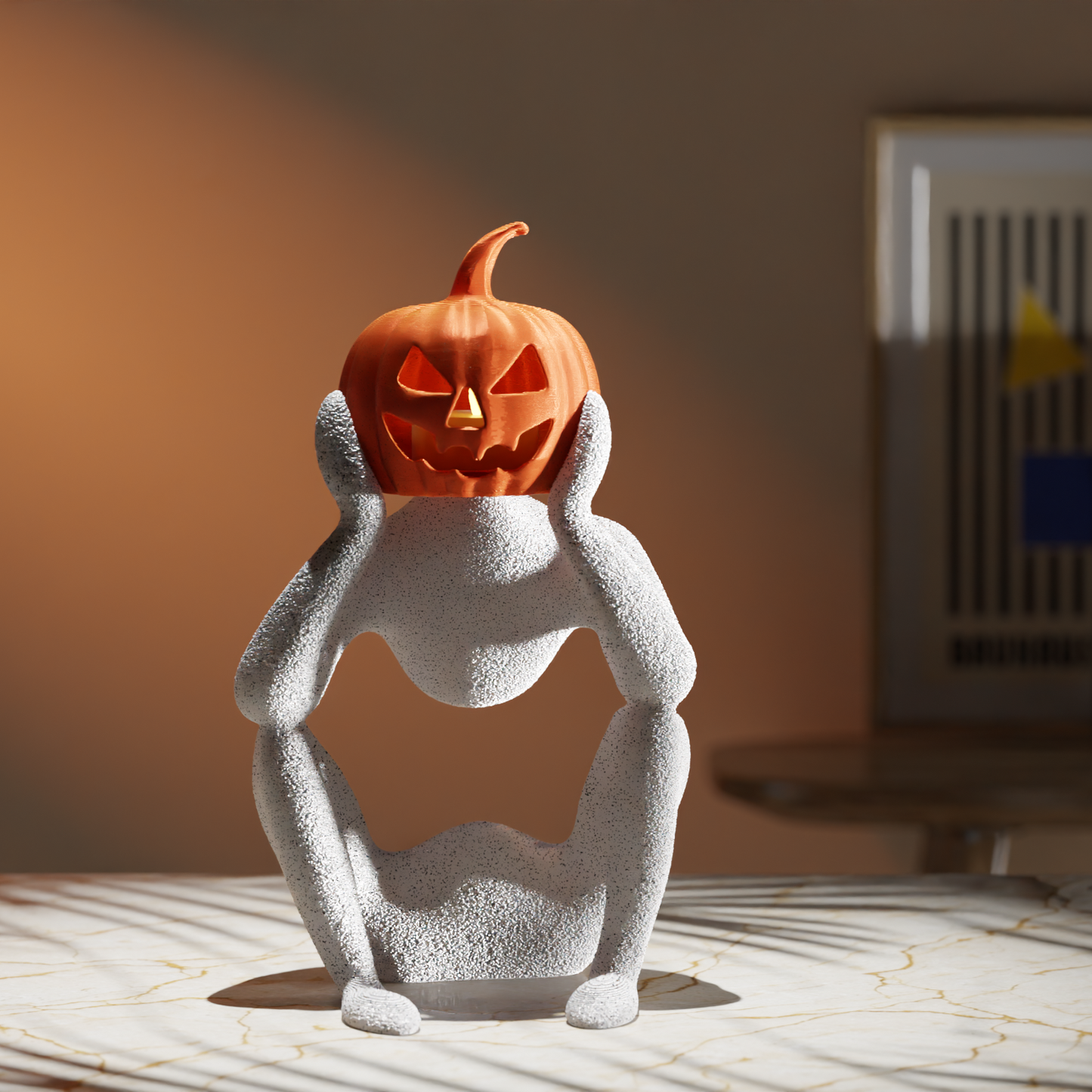 NObody Jack's Contemplation — matte 3D printed Halloween pumpkin head figure sculpture with LED, 20cm, plant-based PLA