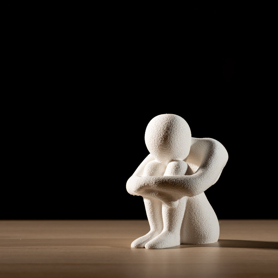 NObody Introspection V2 sculpture — matte 3D printed abstract figure curled inward, 12cm, plant-based PLA