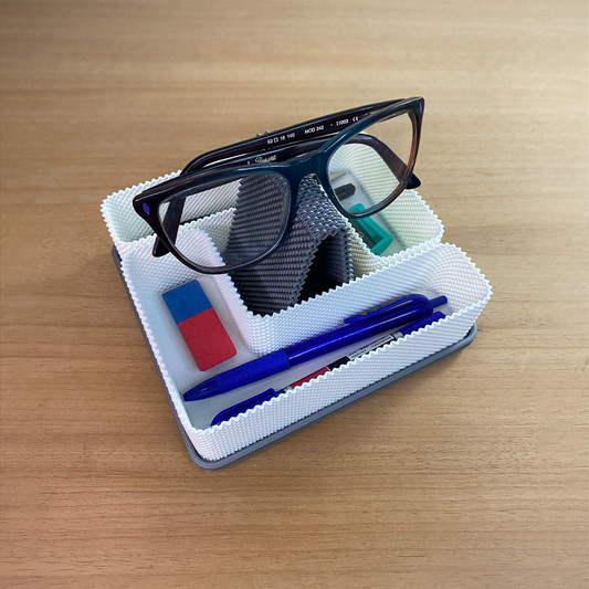 Coregrid Glasses Holder — 3D printed desk organiser with glasses, cleaning cloth and stationery, white and grey RippleMesh texture — Creative3D Novelties