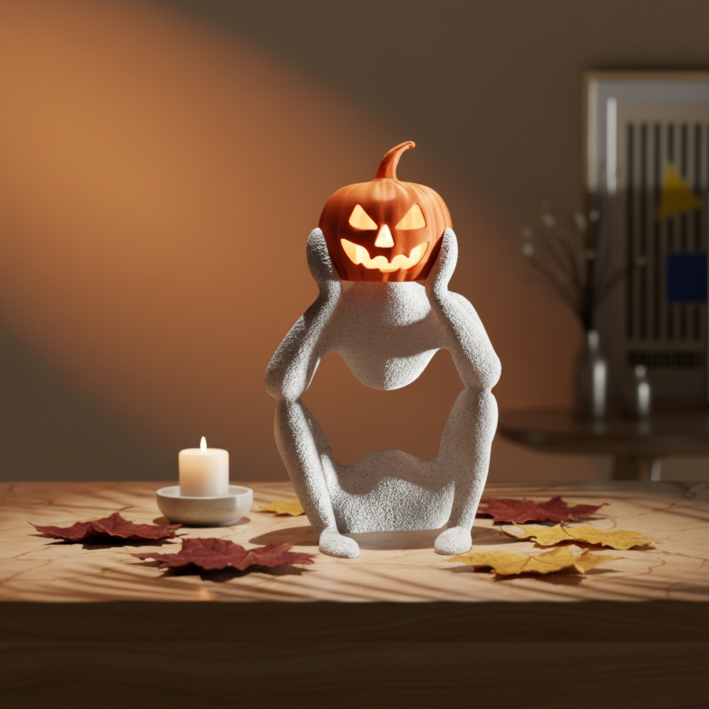 NObody Jack's Contemplation sculpture on a desk with autumn leaves and candle — Halloween pumpkin décor — NObody Collection