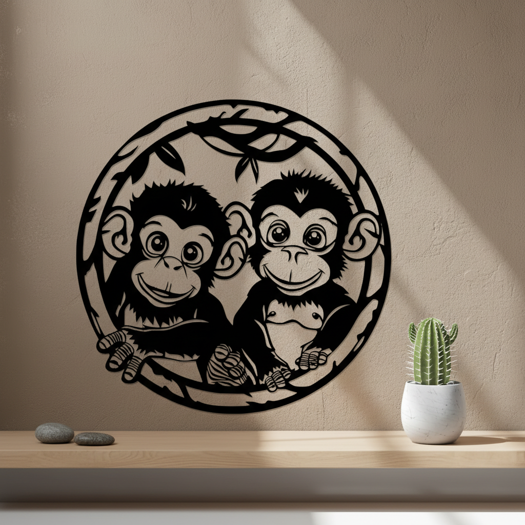 Baby Monkeys Wall Art — 3D printed playful wildlife design, shown in home setting — Creative3D Novelties