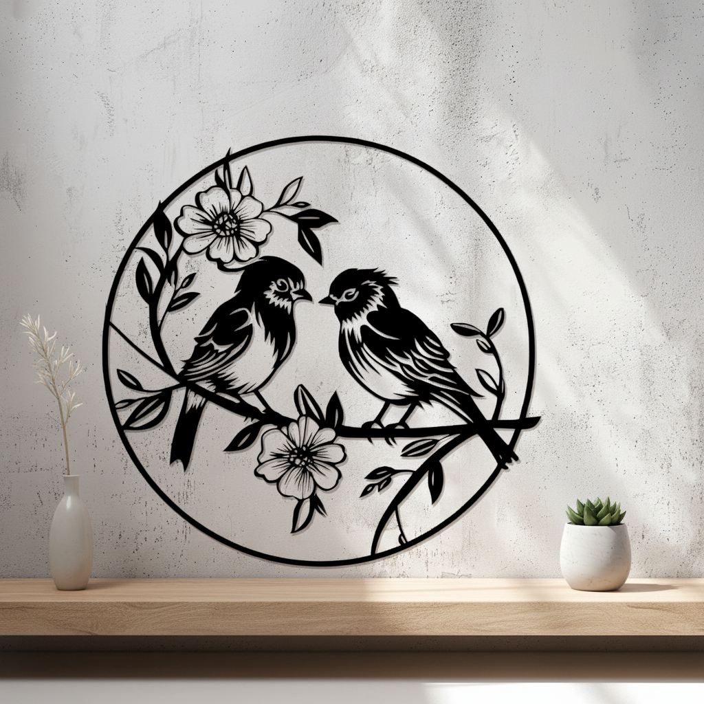 Birds With Flowers Wall Art — 3D printed botanical nature design, shown in home setting — Creative3D Novelties