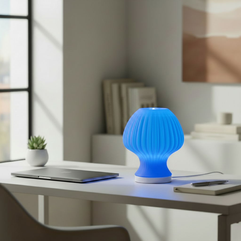 Blob Mushroom LED lamp in Deep Blue glowing on a desk in a bright workspace