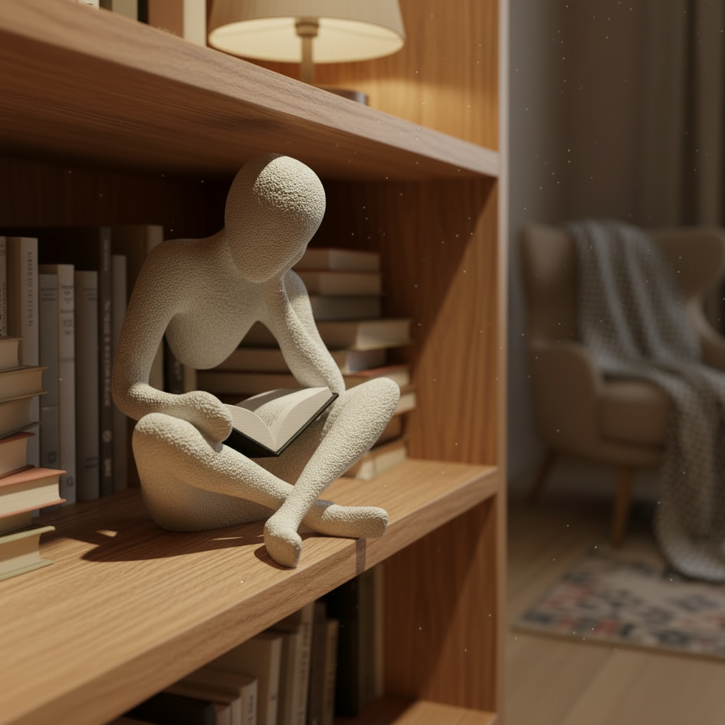 NObody Sculpture The Reader 3D printed figurine displayed on a bookshelf — minimalist book lover gift