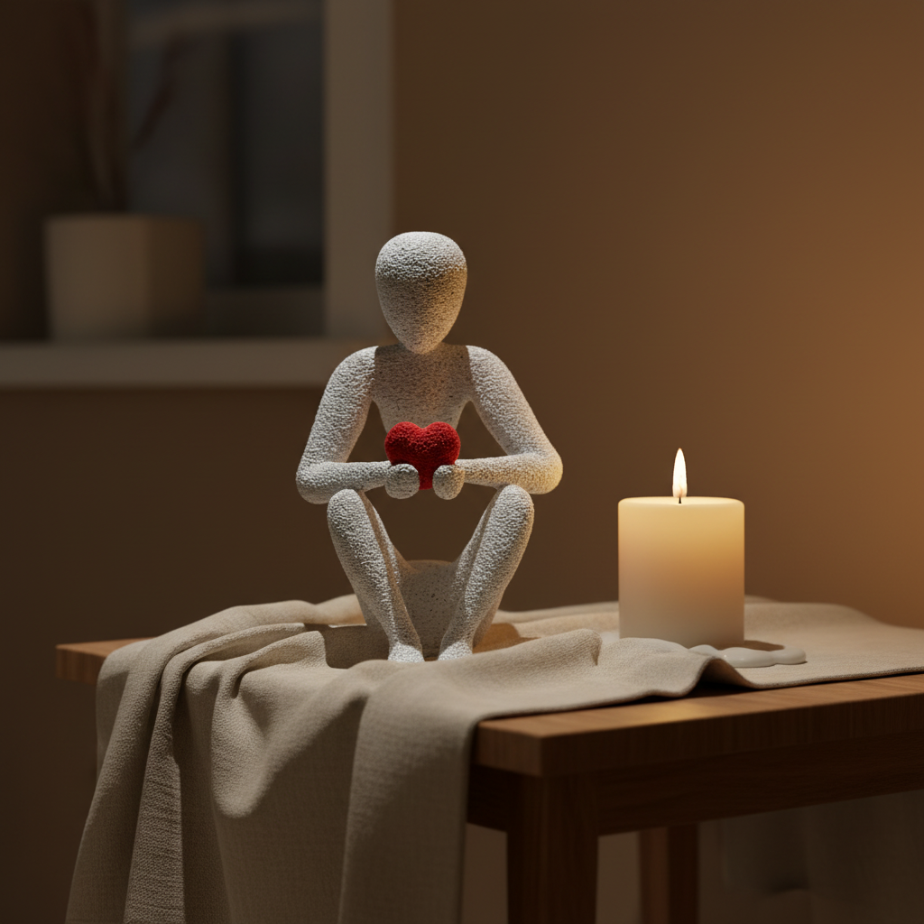 NObody Love's Embrace sculpture beside a lit candle on a side table — moody evening lifestyle — NObody Collection