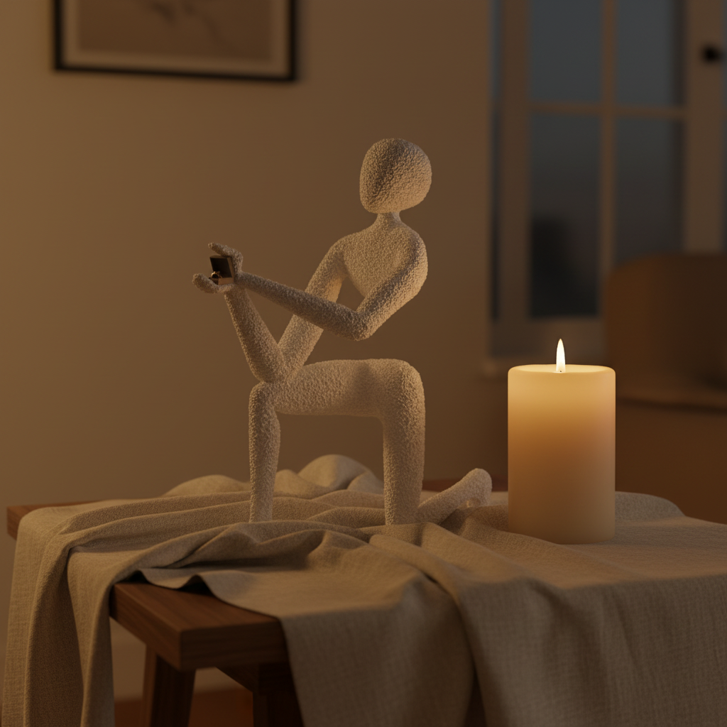 NObody Proposal sculpture beside a lit candle on a side table — moody evening lifestyle — NObody Collection