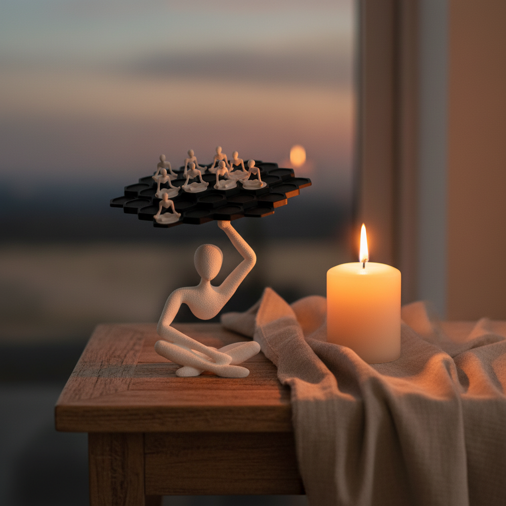 NObody Balance Game sculpture beside a lit candle on a side table — moody evening lifestyle — NObody Collection
