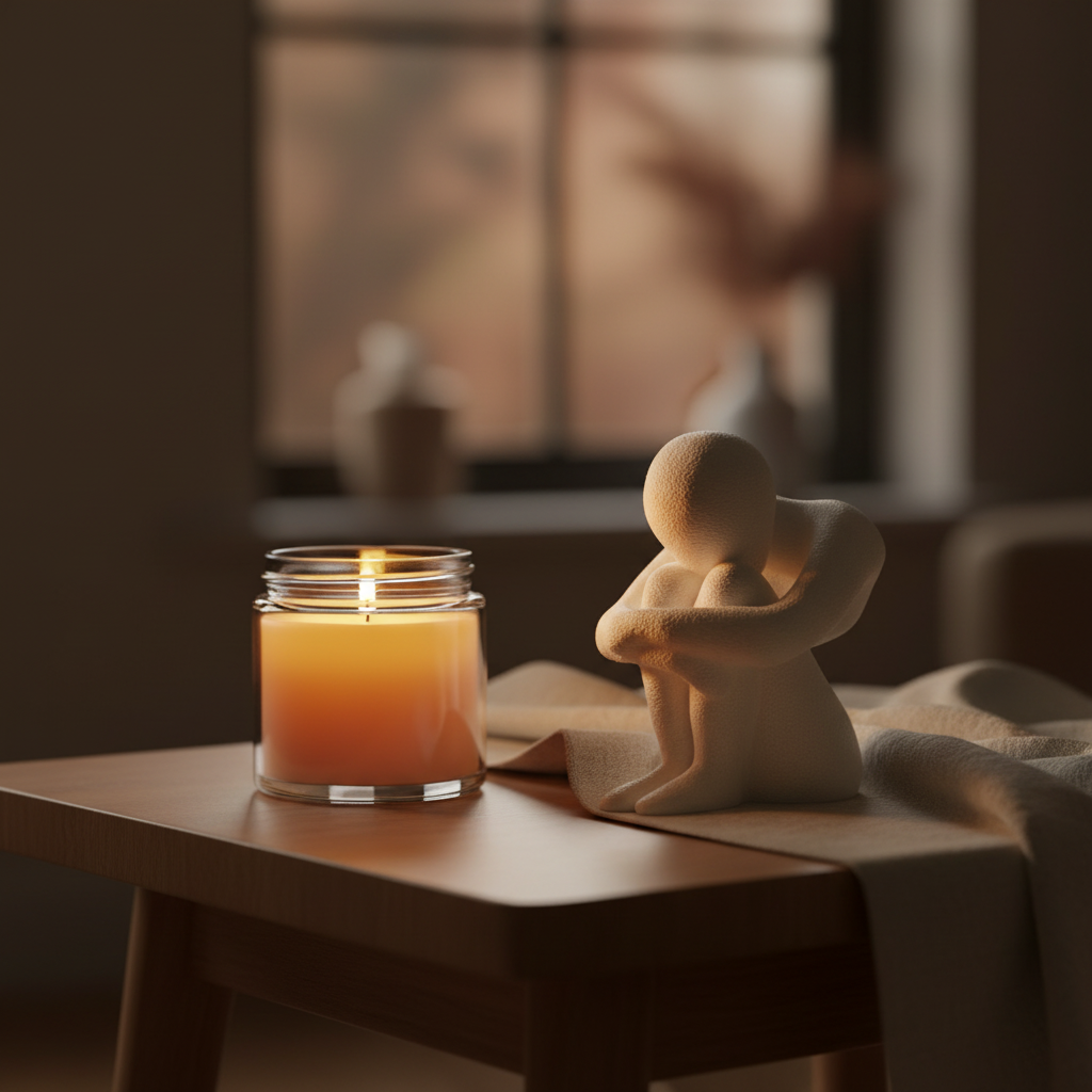 NObody Introspection V2 sculpture beside a lit candle on a side table — moody evening lifestyle — NObody Collection