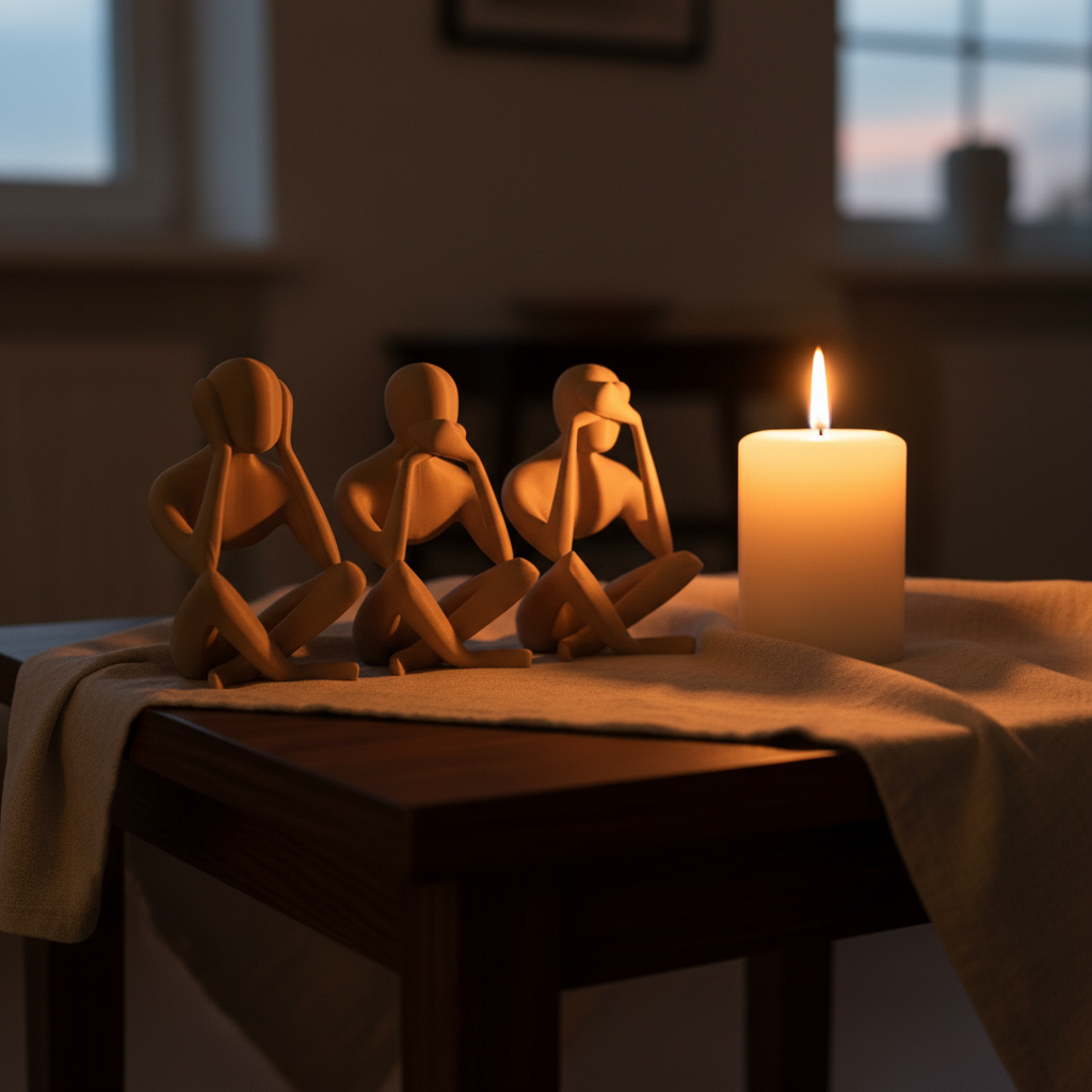 NObody No Evil Trio sculptures beside a lit candle on a side table — moody evening lifestyle — NObody Collection