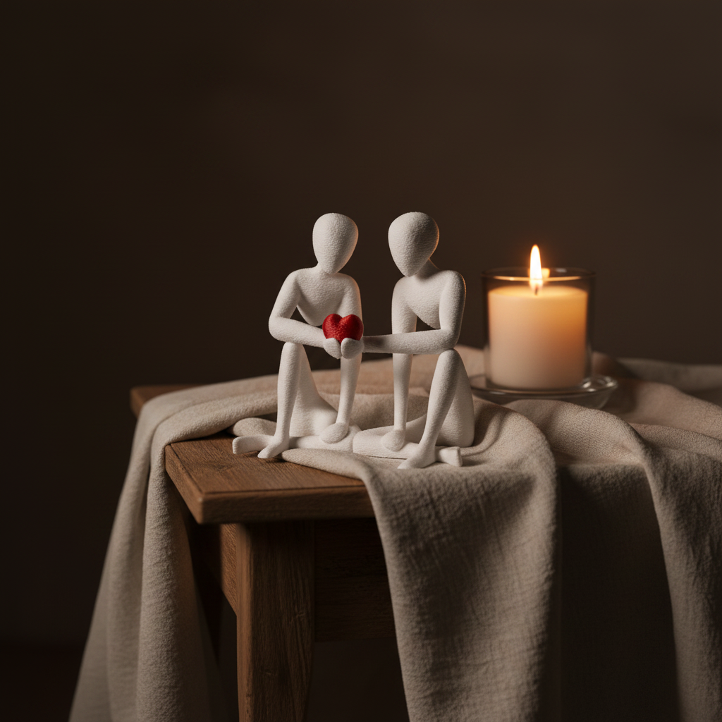 NObody Valentine sculpture beside a lit candle on a side table — moody evening lifestyle — NObody Collection