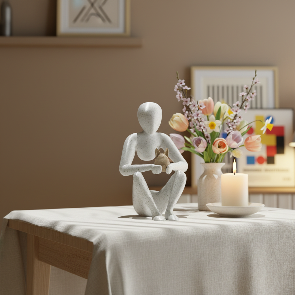 NObody Egg's Embrace sculpture beside a lit candle with spring flowers — warm lifestyle — NObody Collection