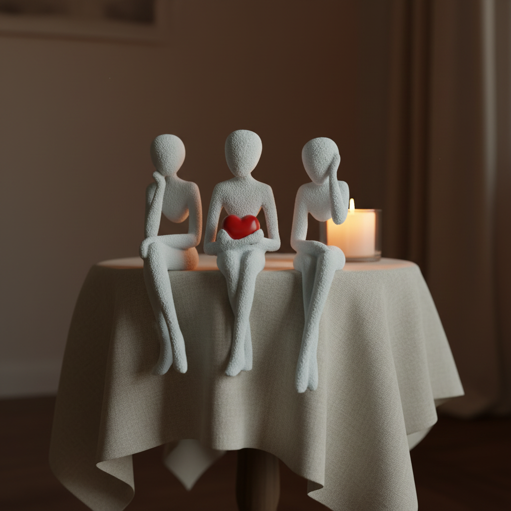 NObody Shelf Sitter Trio sculptures beside a lit candle on a side table — moody evening lifestyle — NObody Collection