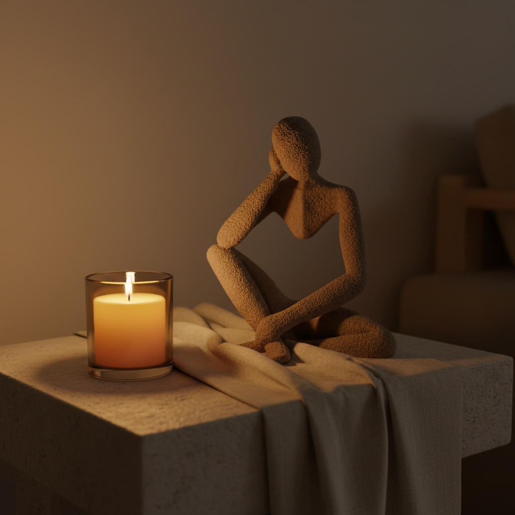 NObody Serendipity sculpture beside a lit candle on a side table — moody evening lifestyle — NObody Collection
