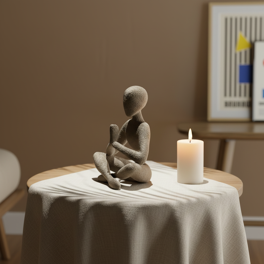NObody Prayer sculpture beside a lit candle on a side table — moody evening lifestyle — NObody Collection
