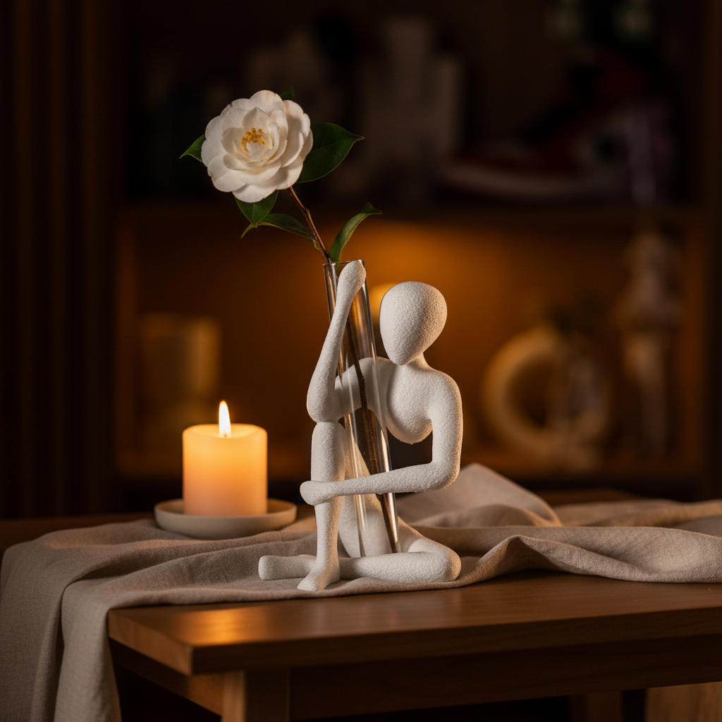 NObody Bloom sculpture with flower stem beside a lit candle on a side table — moody evening lifestyle — NObody Collection