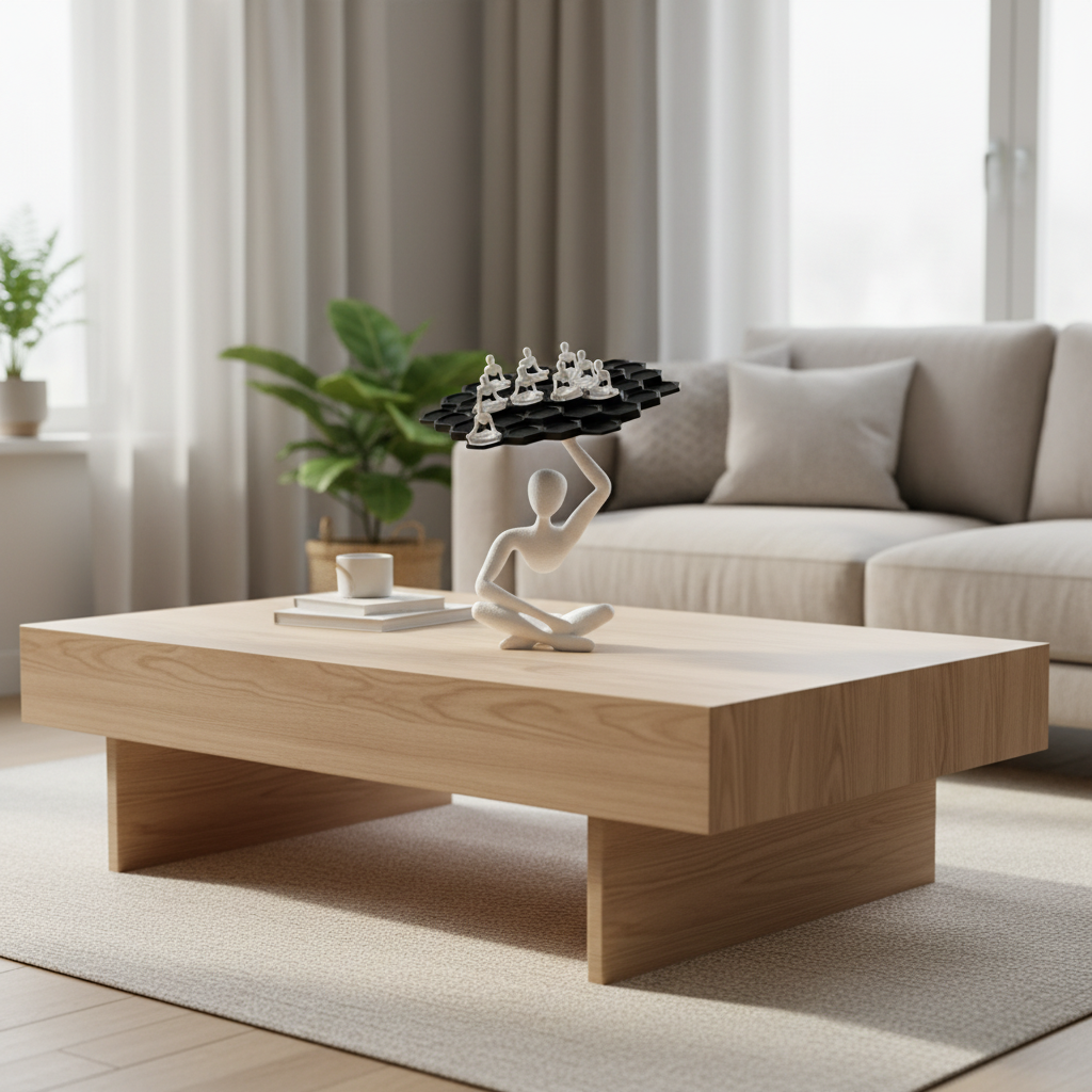 NObody Balance Game sculpture on a minimalist wooden coffee table — interactive stacking game — NObody Collection
