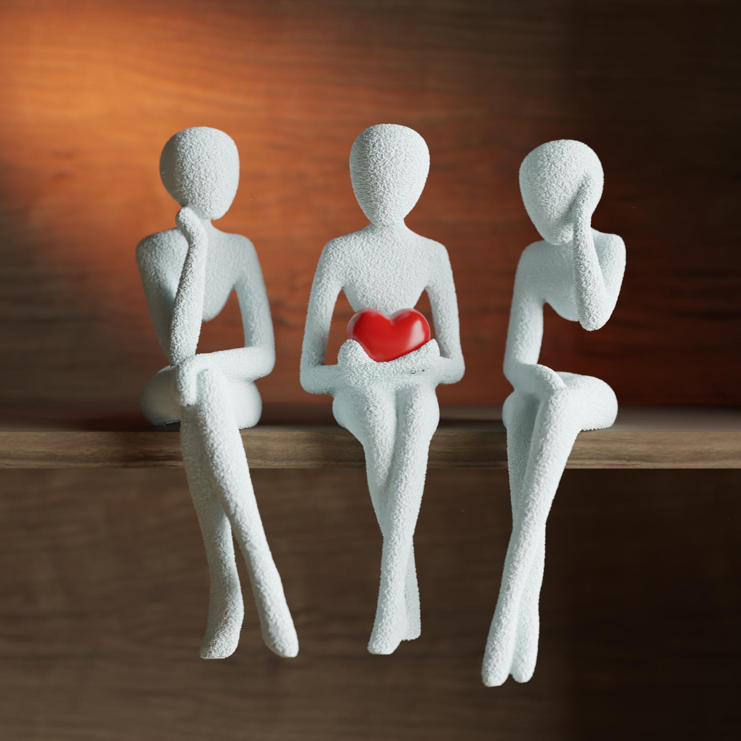 NObody Shelf Sitter Trio — set of three matte 3D printed minimalist sitting figures, 19cm, plant-based PLA