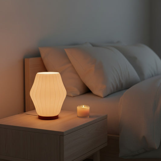 creative3dnovelties Akari 3D printed jade white PLA lamp with warm LED glow on a bedside table with tea light
