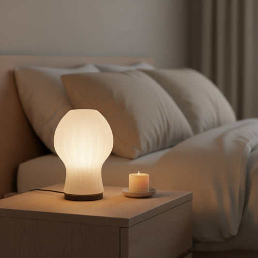 creative3dnovelties Aurora Lamp with organic jade white 3D printed shade and glowing LED on a wooden bedside table
