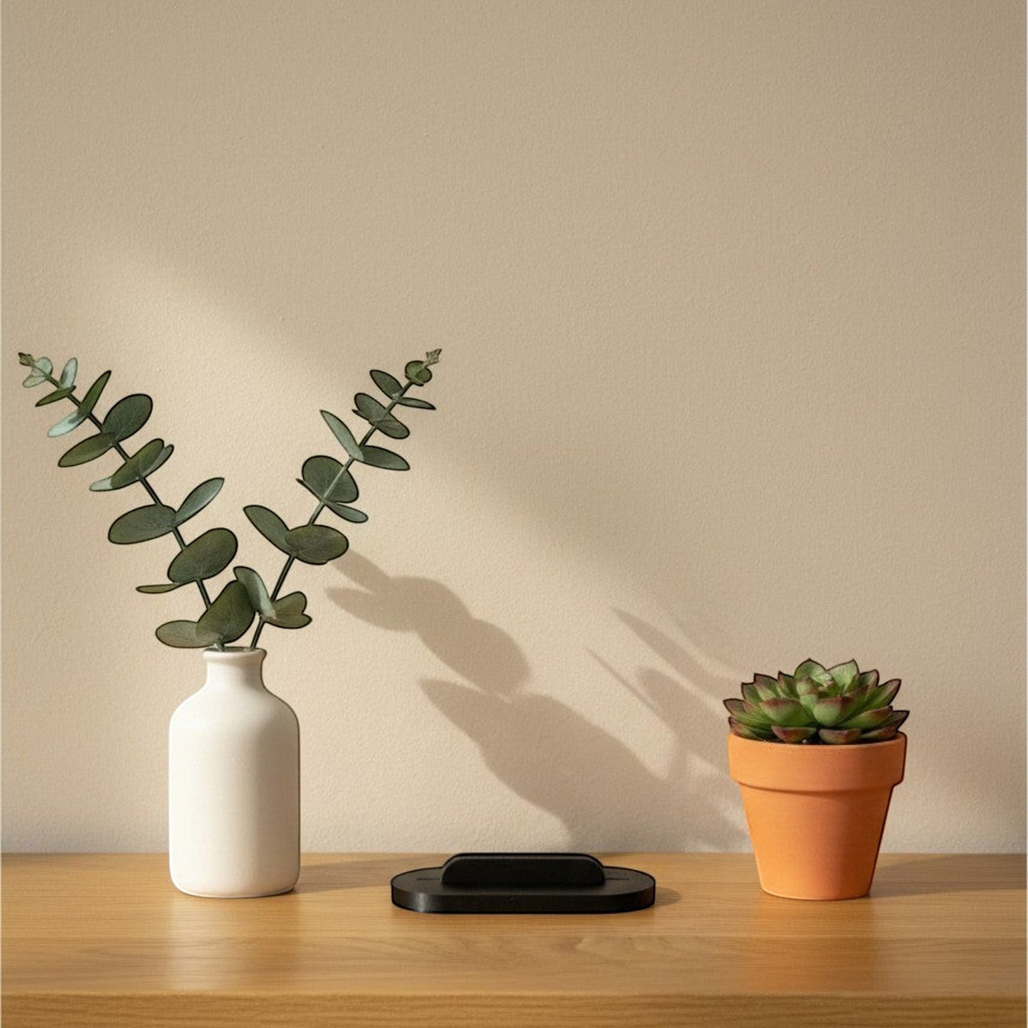 Matte charcoal flat display stand for 2D wall art on a wooden shelf styled with a ceramic vase and succulent, UK made