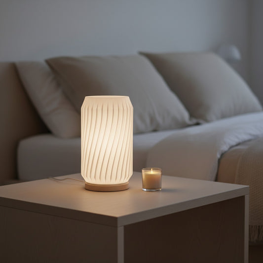 creative3dnovelties Modern Twist 3D printed jade white PLA lamp with a warm glowing USB LED on a bedside table