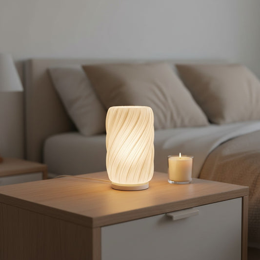 creative3dnovelties Ondula 3D printed jade white PLA lamp with undulating curves and USB LED on a bedside table