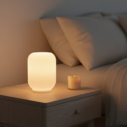creative3dnovelties Sophie Lamp in jade white PLA with a warm glowing LED light on a wooden bedside table