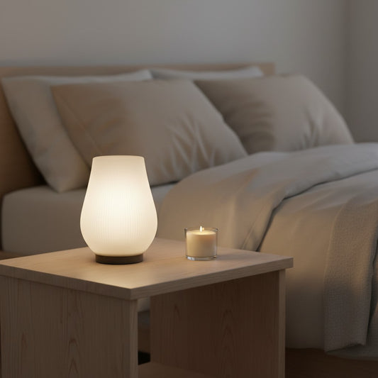 creative3dnovelties Stria 3D printed jade white PLA lamp with textured grooves and USB LED on a wooden bedside table
