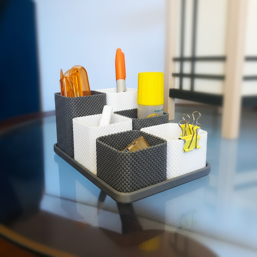 Coregrid Bundle 1 desk organiser in Grey & White – 3D printed RippleMesh modular design