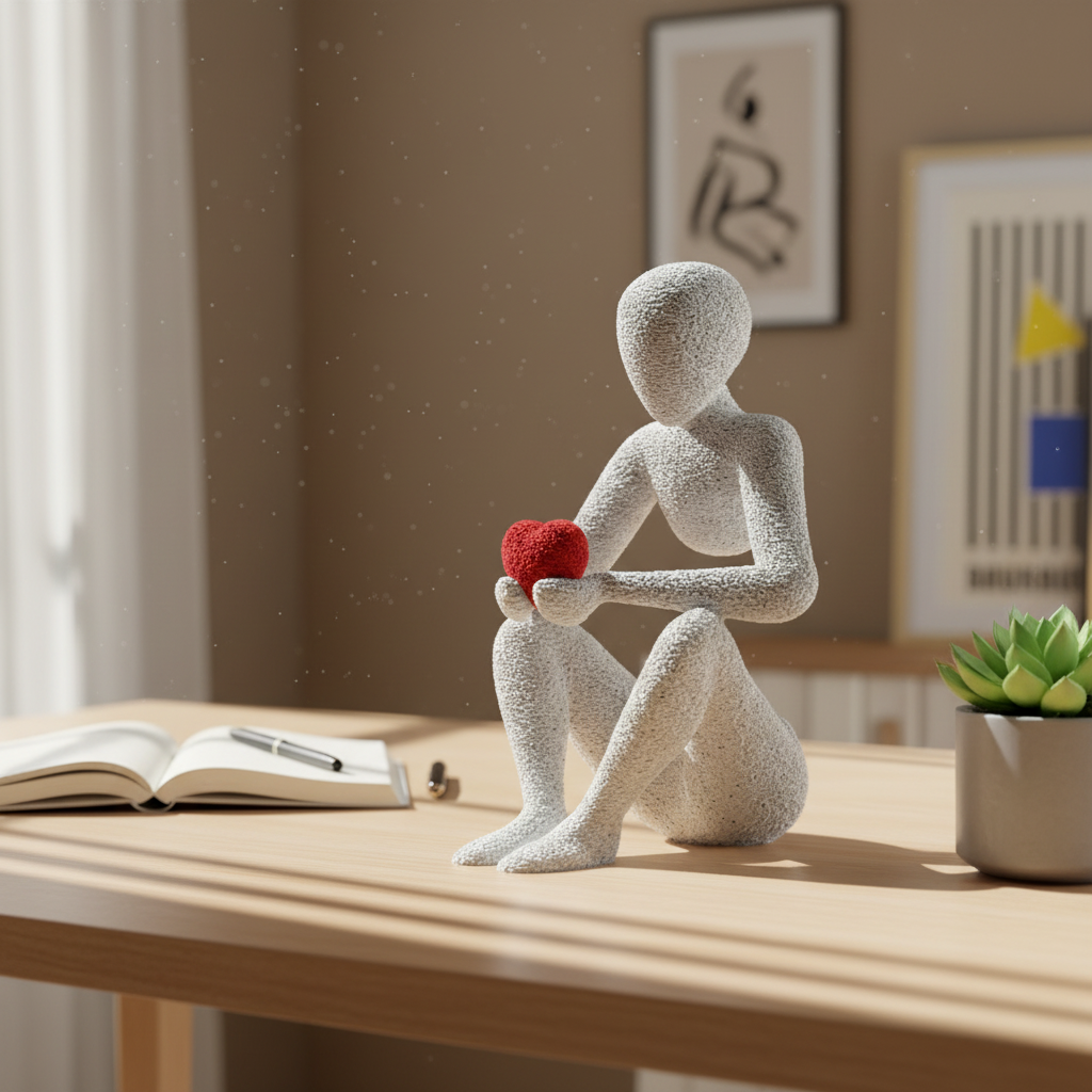 NObody Love's Embrace sculpture on a minimalist wooden desk with journal and plant — NObody Collection