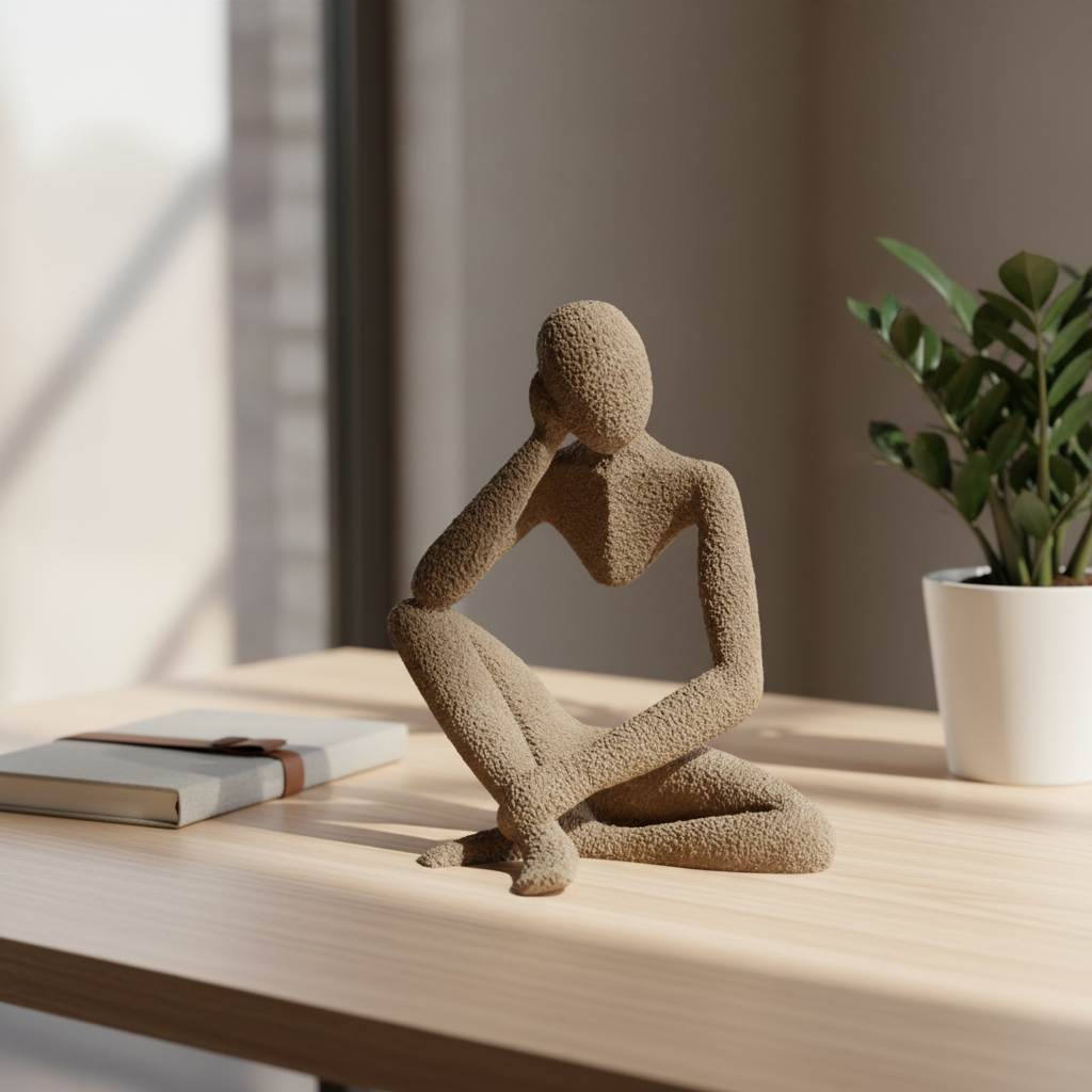 NObody Serendipity sculpture on a minimalist wooden desk with journal and plant — NObody Collection